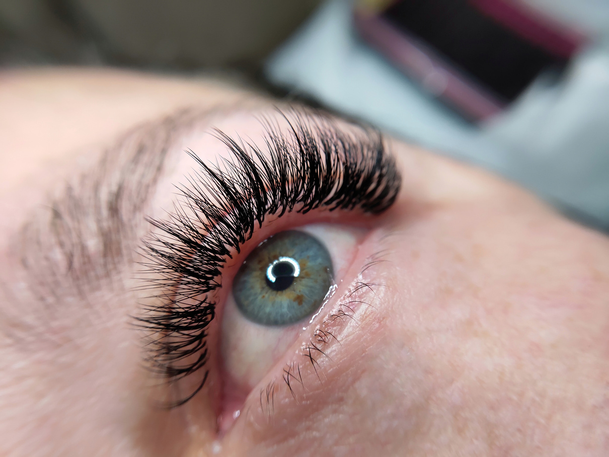 Macro of Eyelash Extensions in Beauty Salon 
