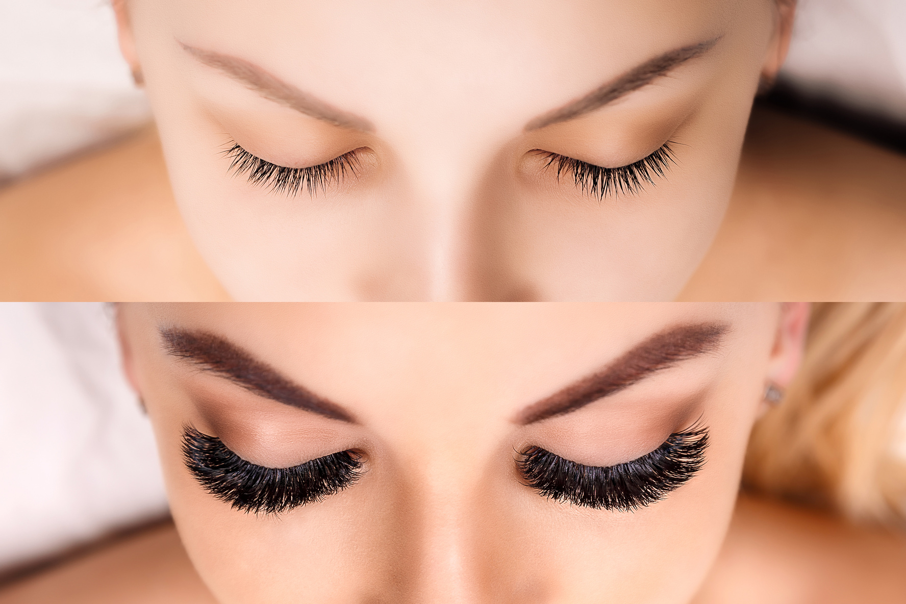 Eyelash Extension. Comparison of female eyes before and after. Hollywood, russian volume